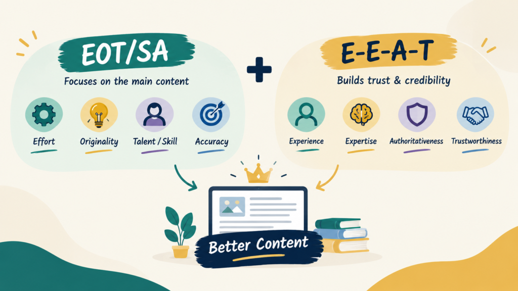 image is comparison of the EOT/SA and EEAT, both are quality guideline in the content